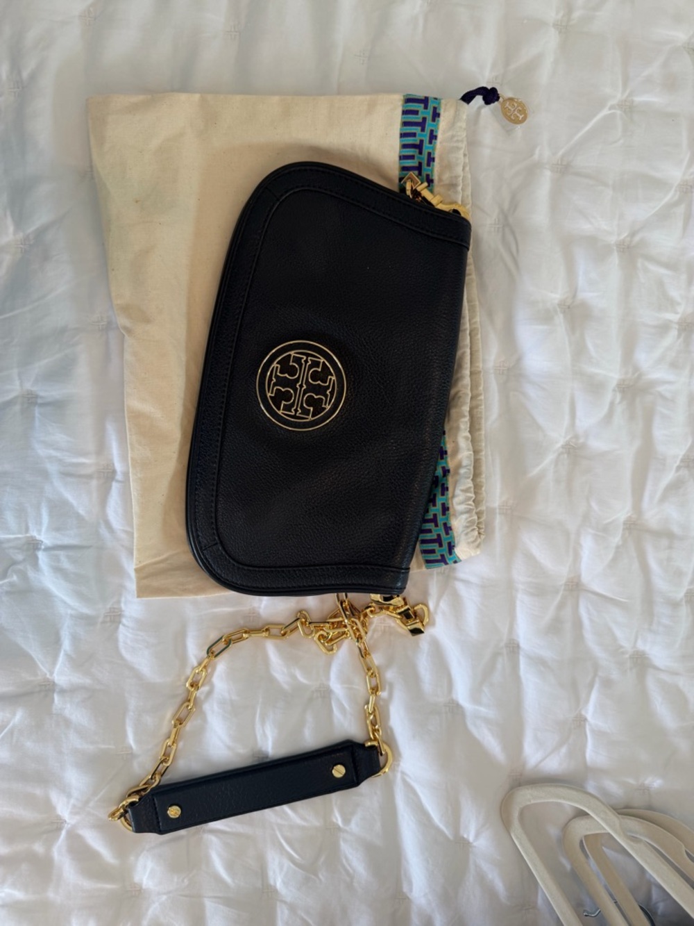 Tory Burch Black Leather Crossbody with Gold Chain
